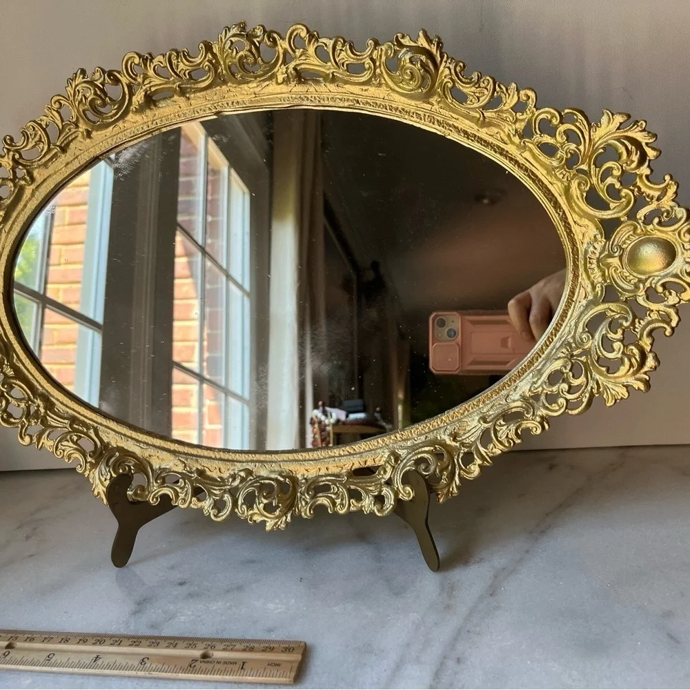 Vintage gold ornate oval wall mirror or vanity tray by Robert Emig 1960